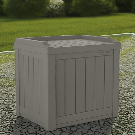 Suncast outdoor storage ottoman featuring storage and seating combined.