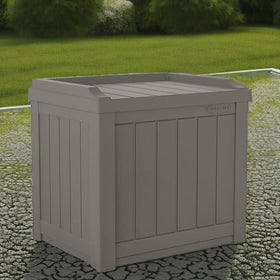 Suncast outdoor storage ottoman featuring storage and seating combined.