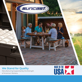 Suncast compact outdoor cabinet providing easy access to tools and grill gear.