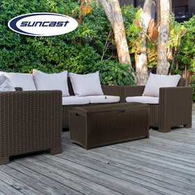Suncast deck storage ideal for cushions, shoes, pool gear, and seasonal décor.