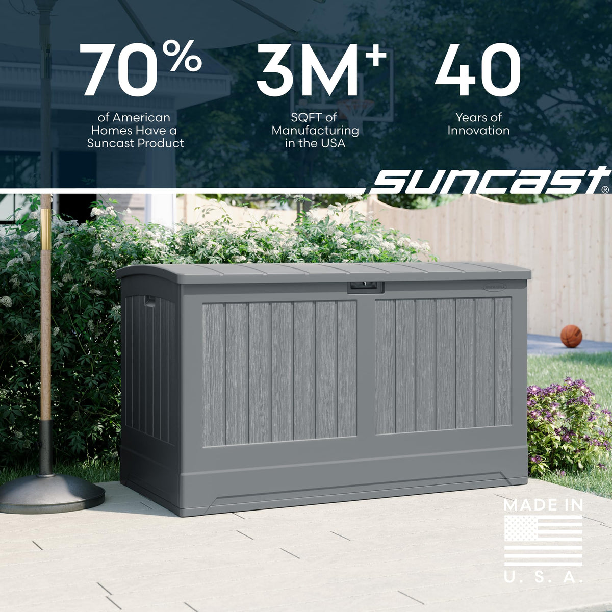 Suncast deck box stores cushions and tools neatly on patios.