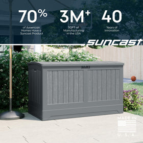 Suncast deck box stores cushions and tools neatly on patios.