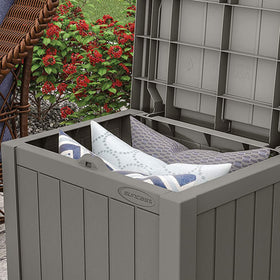 Suncast patio furniture with stone-gray finish for cohesive outdoor décor.