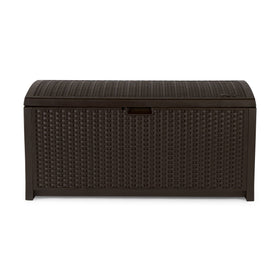 Suncast heavy-duty storage box withstands sun, rain, and snow with UV protection.