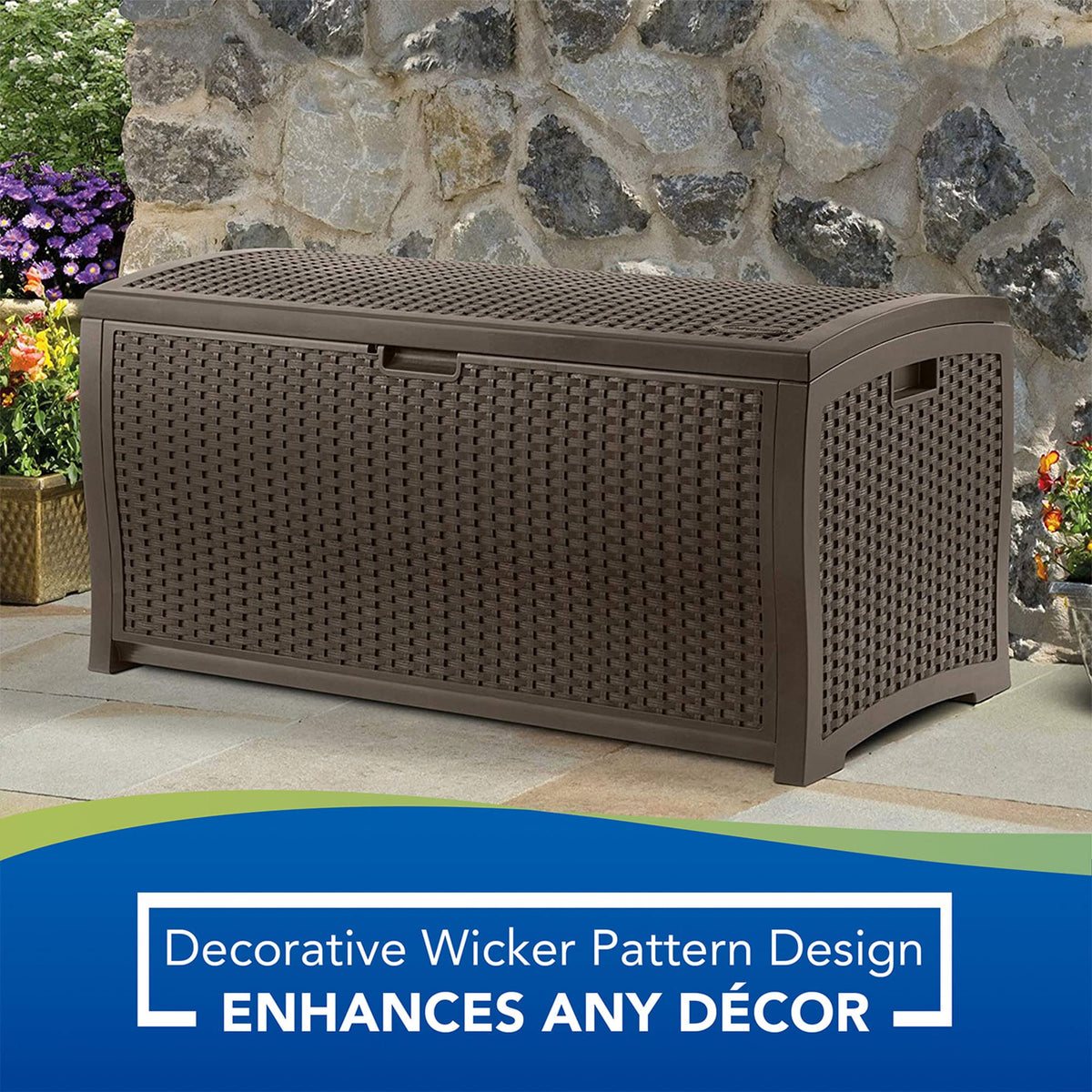 Suncast 73-gallon storage bench blends with patio furniture aesthetics.