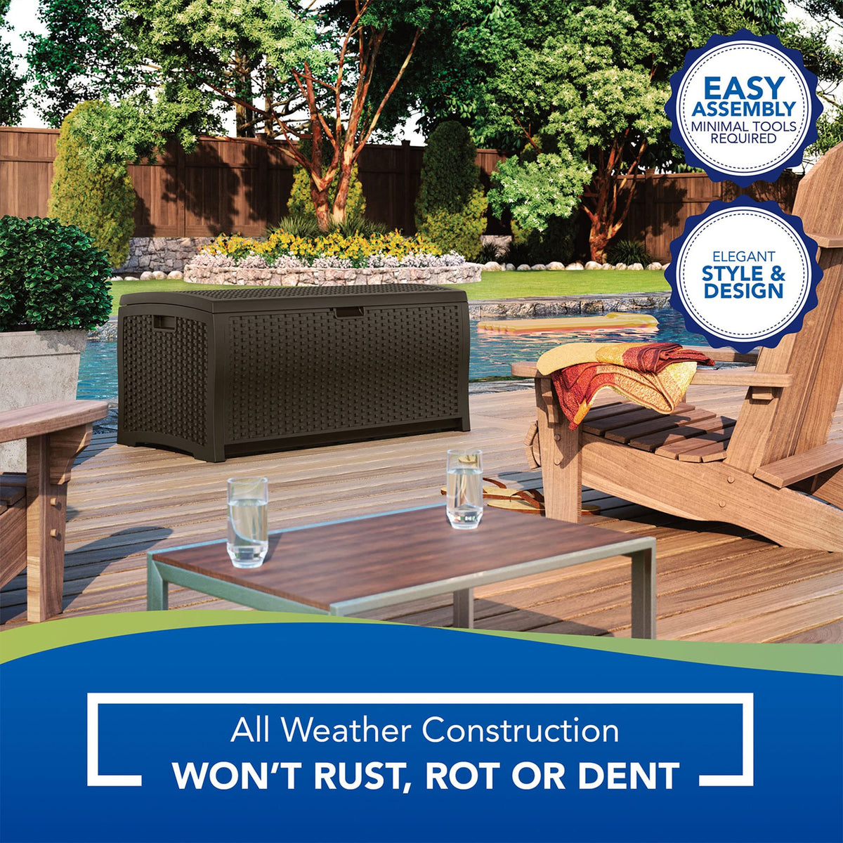 Suncast quick-assembly outdoor organizer with minimal maintenance for busy families.