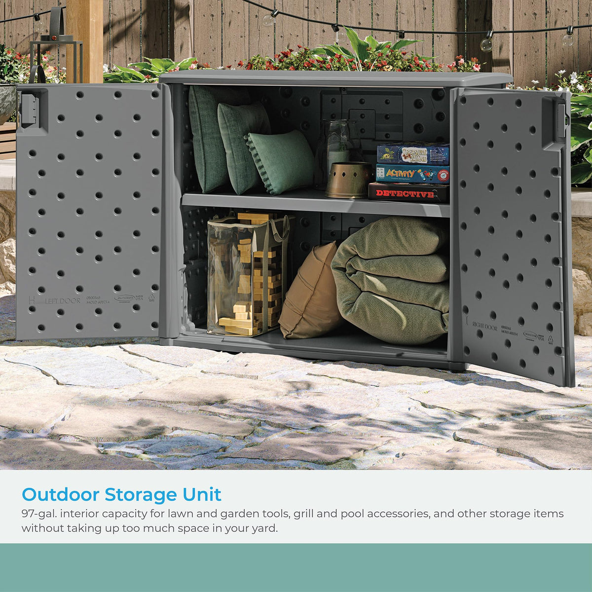 Suncast resin cabinet door closeup showing lockable doors for secure outdoor storage.