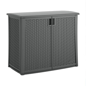 Suncast resin outdoor storage cabinet front view demonstrates weatherproof design for patios.