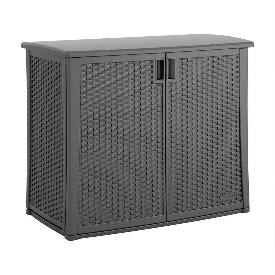 Suncast resin outdoor storage cabinet front view demonstrates weatherproof design for patios.