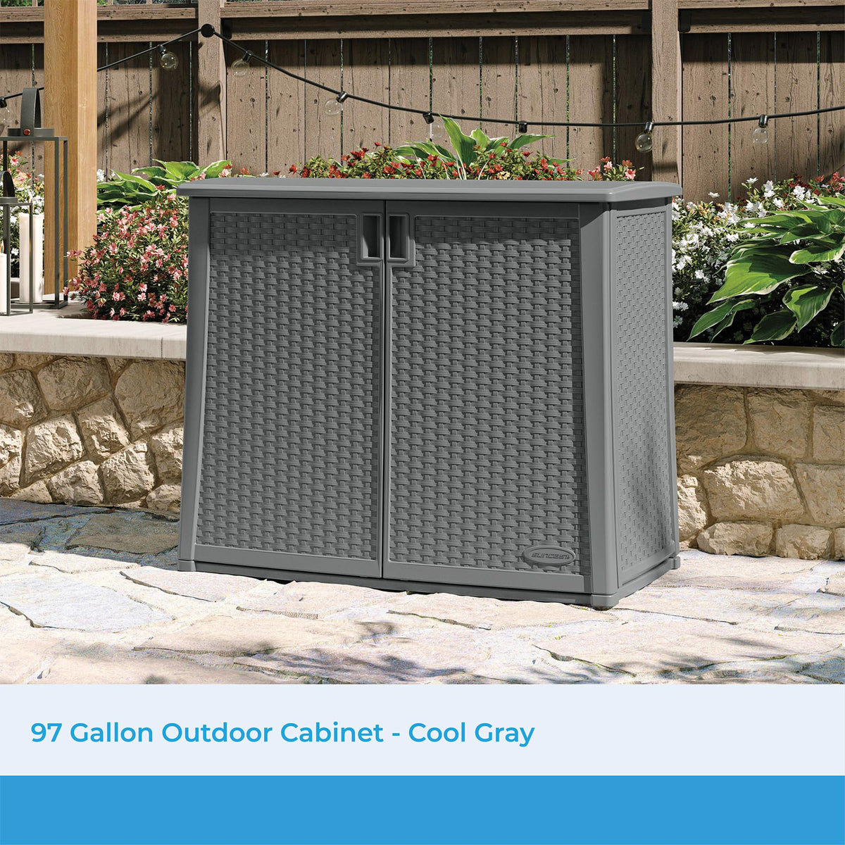 Suncast resin outdoor storage cabinet side view emphasizes compact footprint for decks.