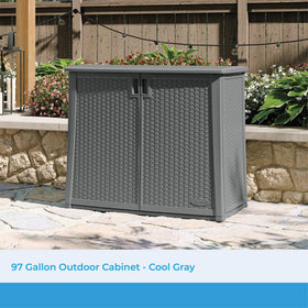 Suncast resin outdoor storage cabinet side view emphasizes compact footprint for decks.