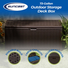 Suncast resin wicker-style deck box lid doubles as a sturdy seat for patios.