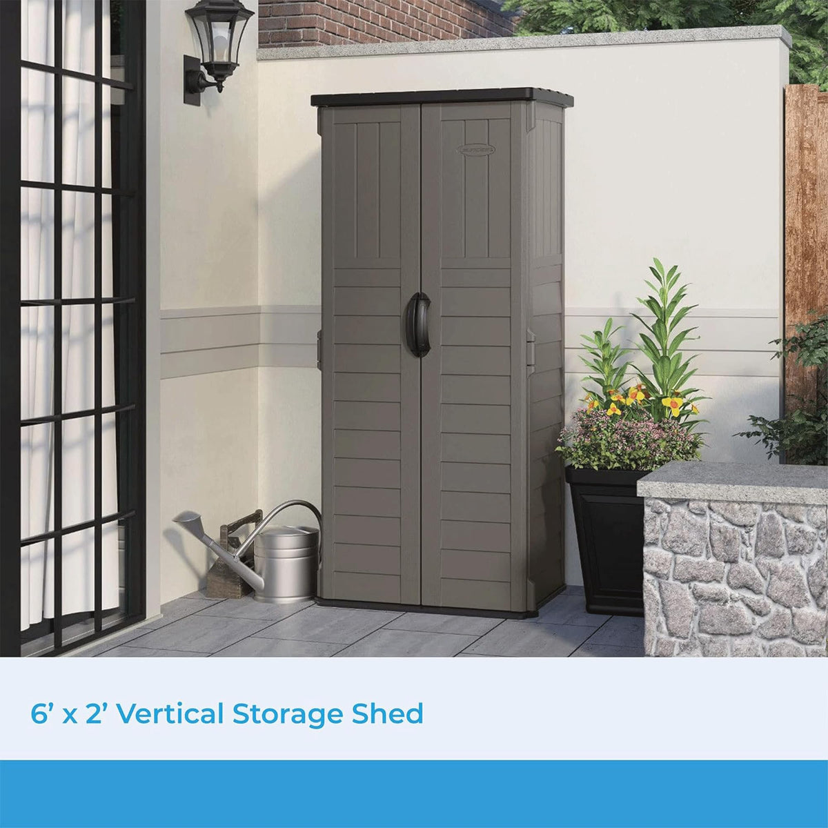 Suncast Stoney color outdoor shed blends with landscape while organizing tools