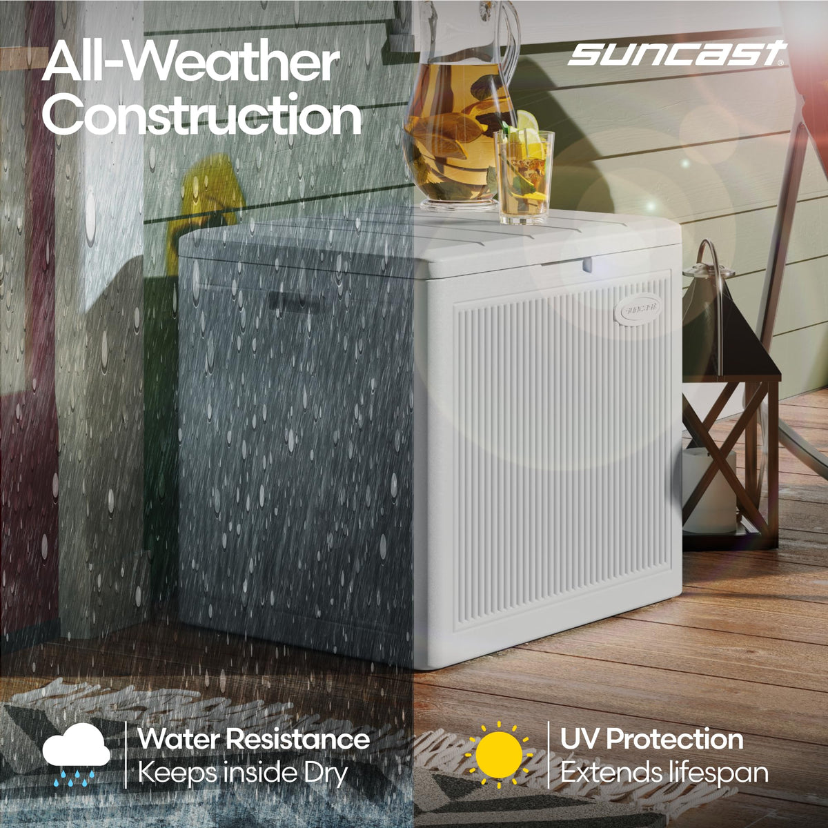Suncast reed-design complements modern patios while storing essentials.