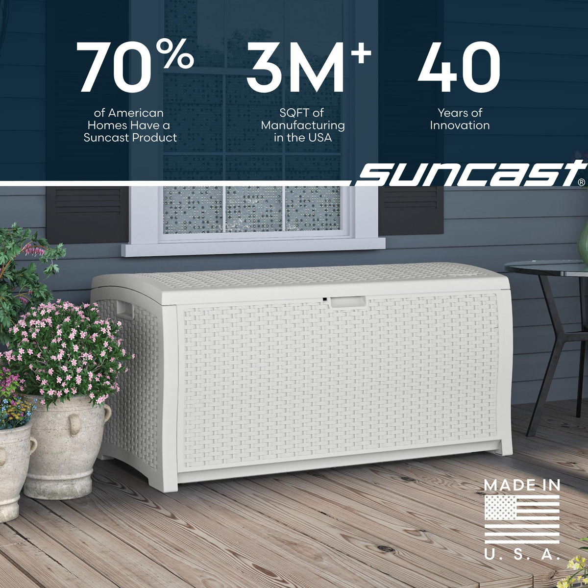 Suncast made in USA label on the box highlighting domestic production