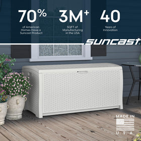 Suncast made in USA label on the box highlighting domestic production