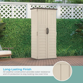 Suncast vertical shed all-weather resin protects contents from elements