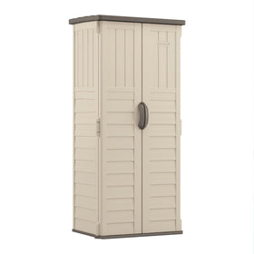 Suncast vertical shed front view showcasing compact, space-saving outdoor storage