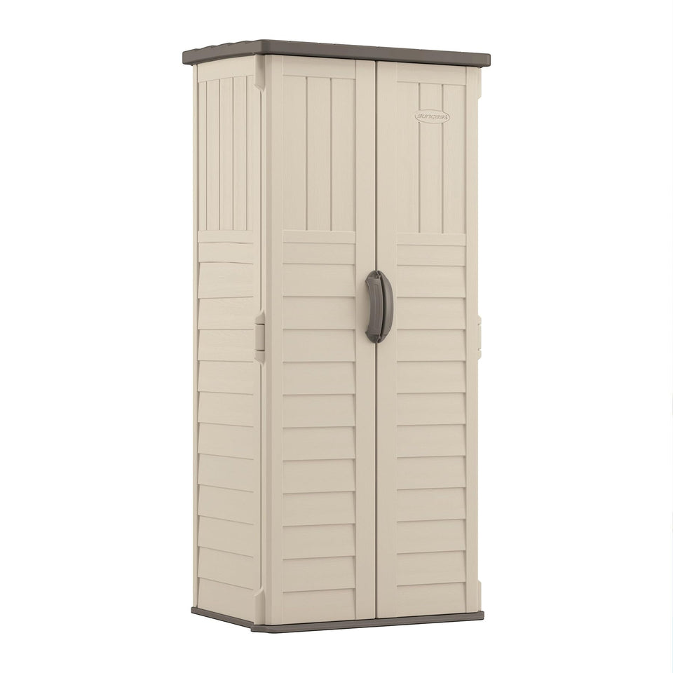 Suncast vertical shed front view showcasing compact, space-saving outdoor storage