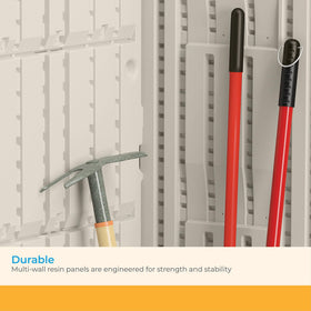 Suncast vertical shed resin panels emphasize durable construction
