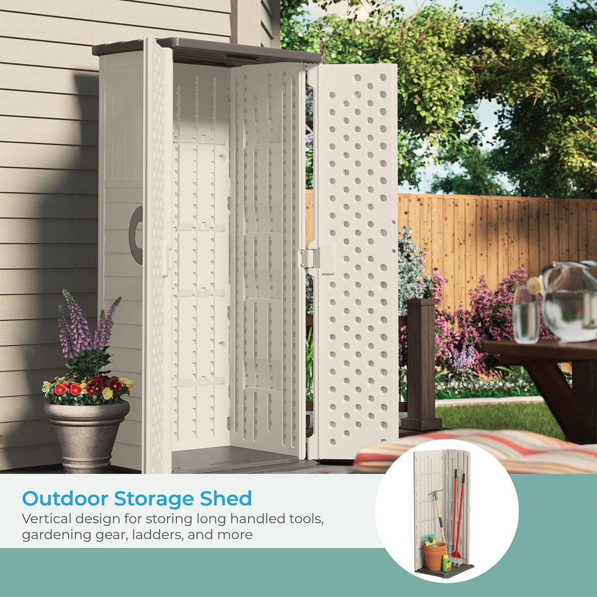 Suncast vertical shed side profile highlighting slim yard footprint