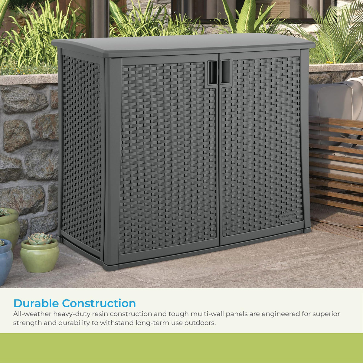 Suncast weatherproof outdoor cabinet placed in a garden corner offers versatile organization.