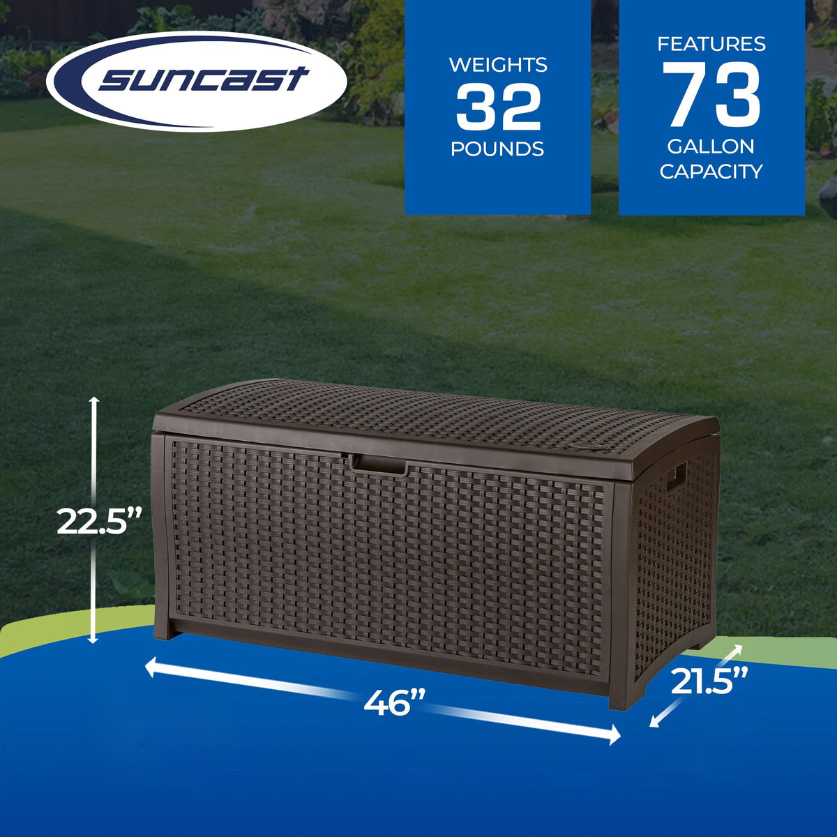 Suncast weatherproof outdoor storage box shields tools and pool toys from rain.