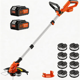 SUNCHERS 20V cordless trimmer head assembly showing adjustable line feed for smooth trimming around edges