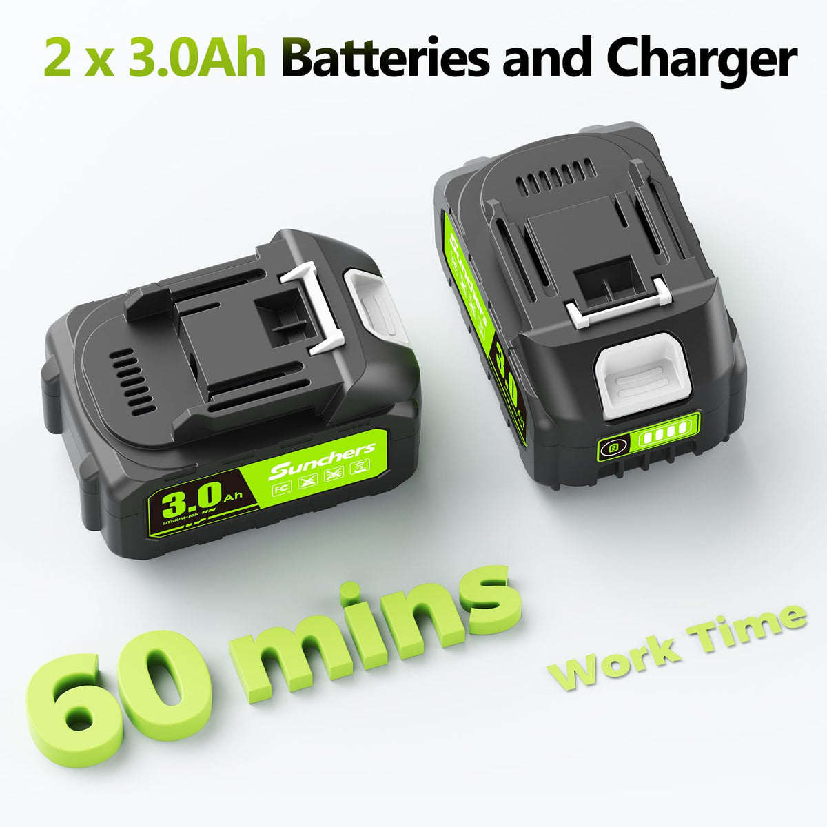 SUNCHERS two 3.0Ah batteries and charger for extended yard work