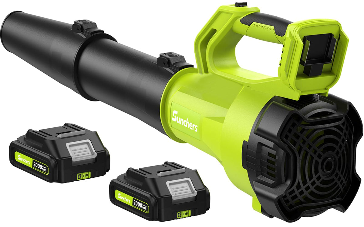 Sunchers cordless leaf blower motor shows powerful airflow for yard tasks.