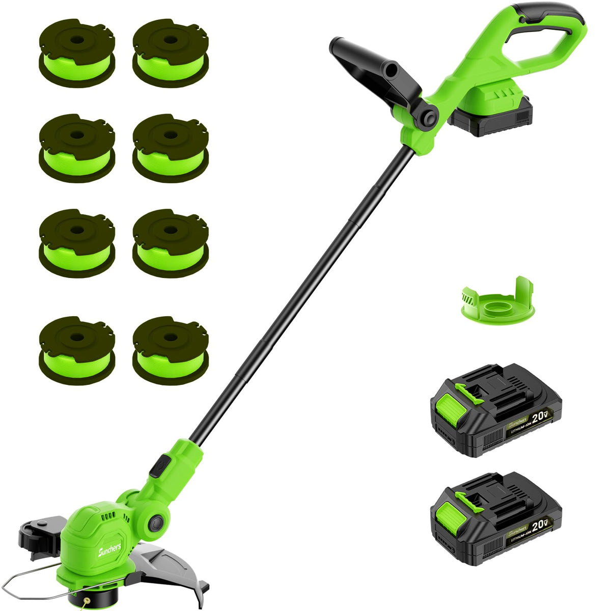 SUNCHERS 12-inch cordless trimmer with wheel converts to an easy edger for neat lawn borders.