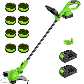 SUNCHERS 12-inch cordless trimmer with wheel converts to an easy edger for neat lawn borders.