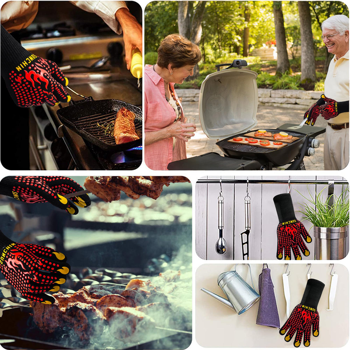 Sunchin BBQ gloves enable safe handling of hot cookware and meats.