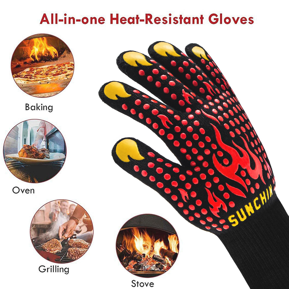 Sunchin BBQ gloves demonstrate high heat resistance for grill and oven use.