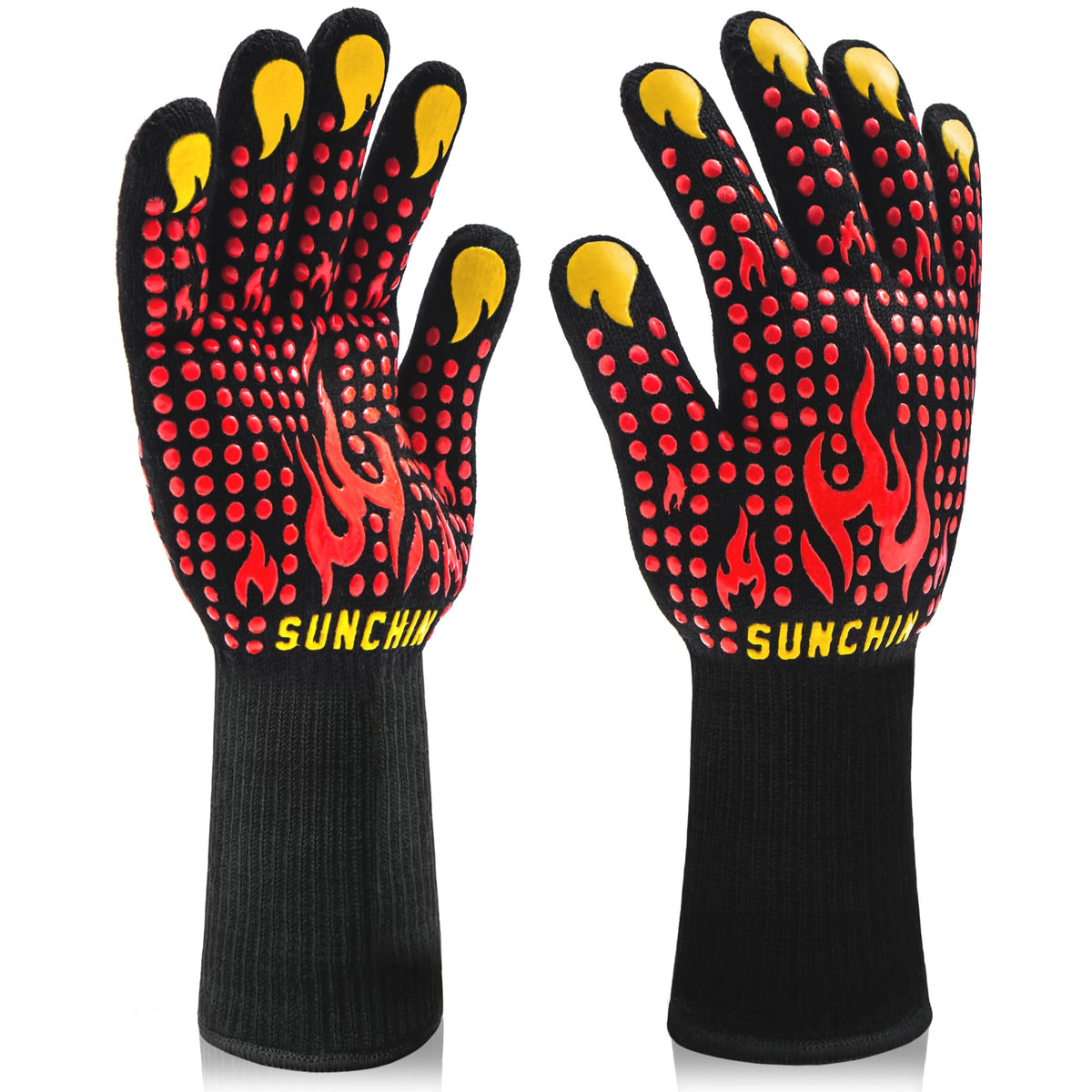 Sunchin BBQ gloves with non-slip grip for secure handling of hot grills.