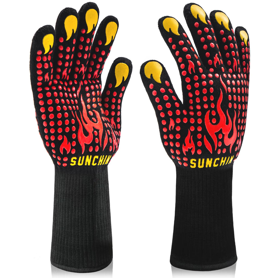 Sunchin BBQ gloves with non-slip grip for secure handling of hot grills.