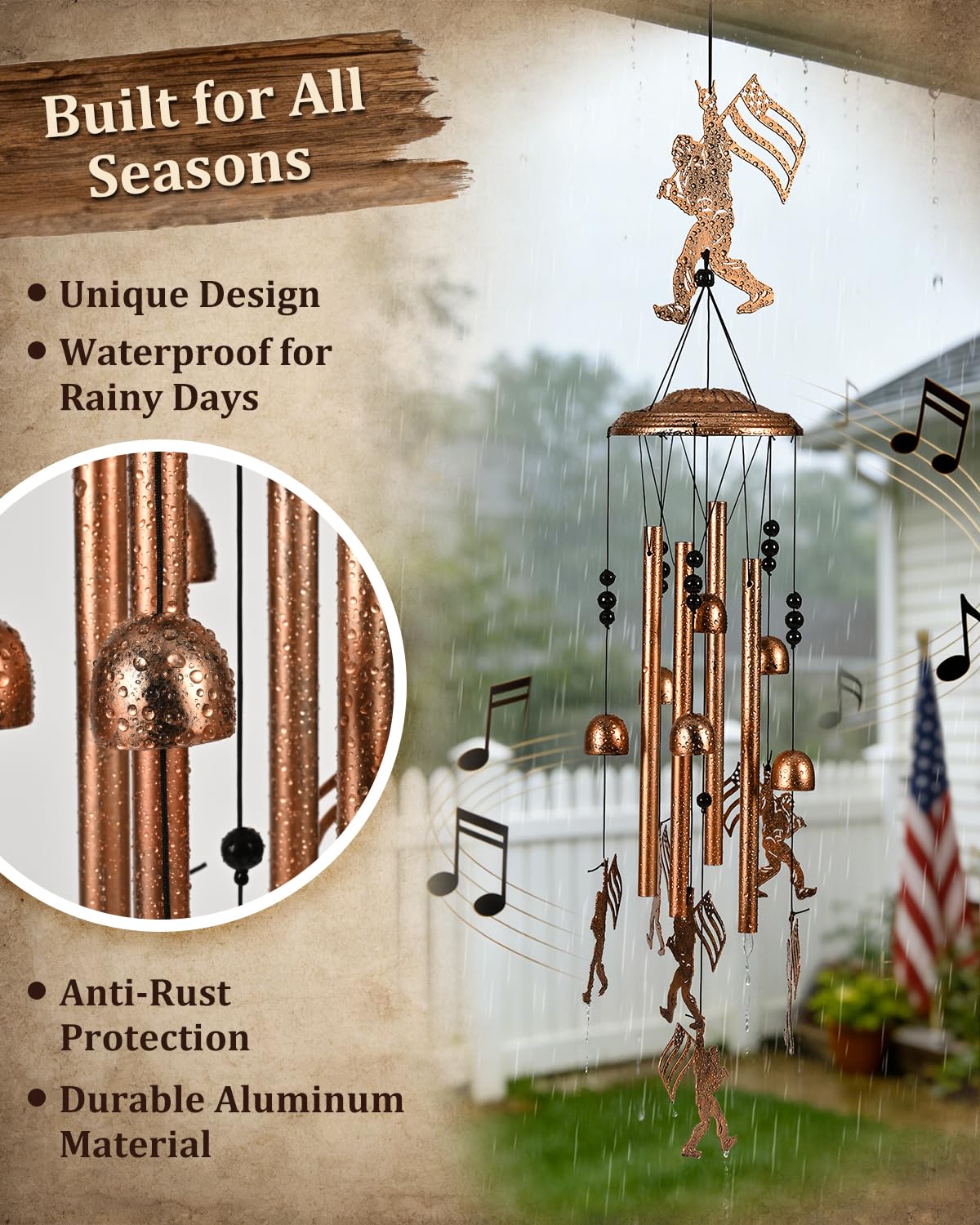 Suncket Bigfoot wind chimes hanging on a porch for welcoming ambiance.