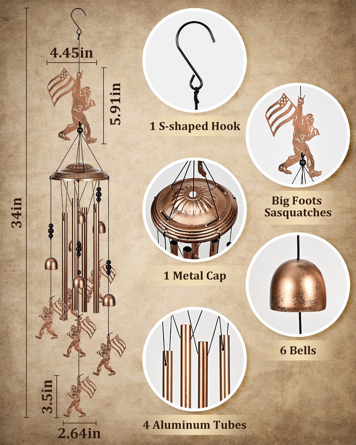 Suncket Bigfoot wind chimes tubes close-up highlighting tuned aluminum tones.