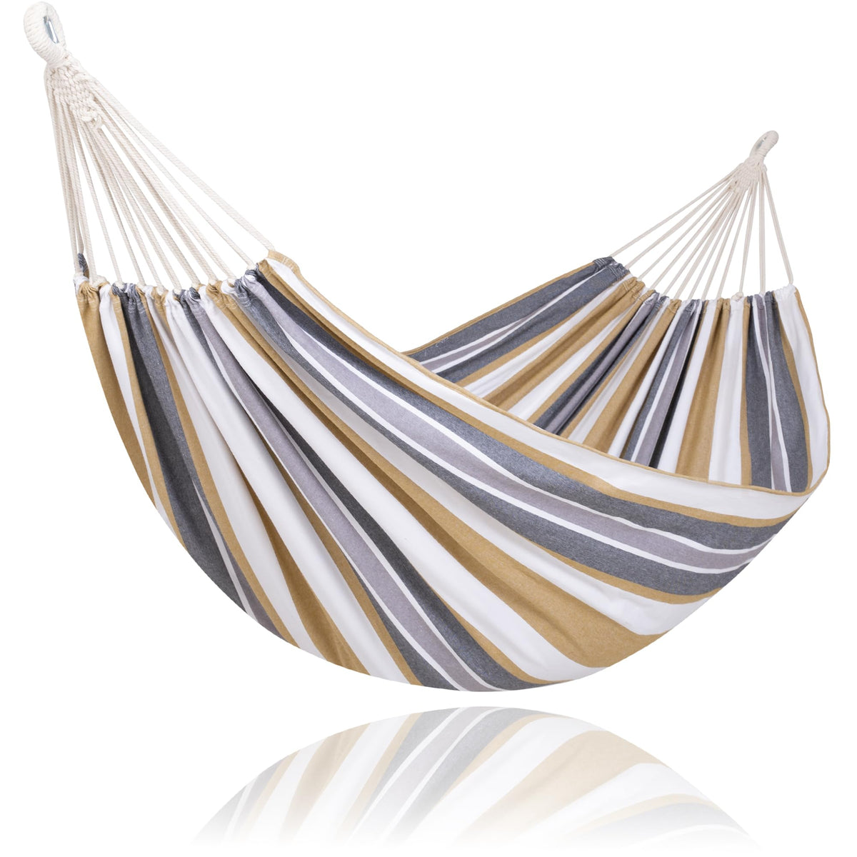 SUNCREAT large hammock for tree, coffee stripes, ideal for backyard lounging.