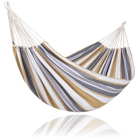 SUNCREAT large hammock for tree, coffee stripes, ideal for backyard lounging.
