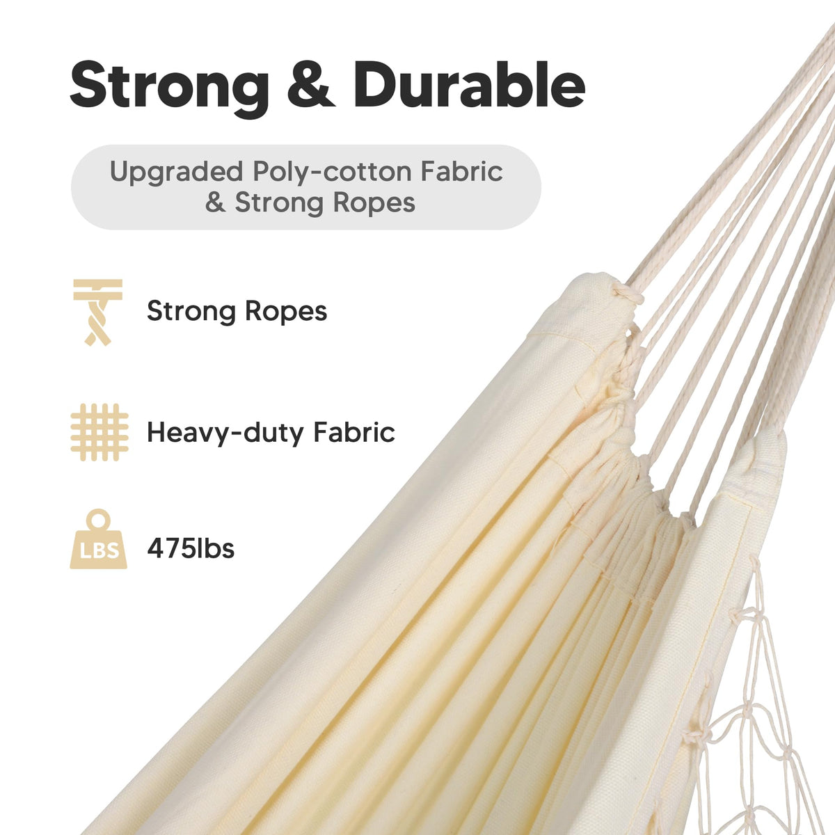 SUNCREAT braided rope ends highlight reinforced join for longer hammock life.