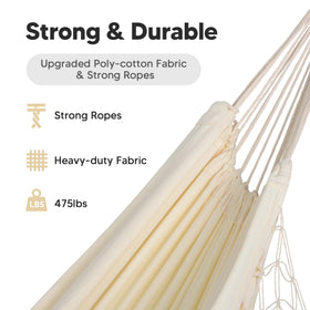 SUNCREAT braided rope ends highlight reinforced join for longer hammock life.