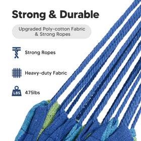 Suncreat hammock bed measures 98 by 59 inches for two-person comfort.