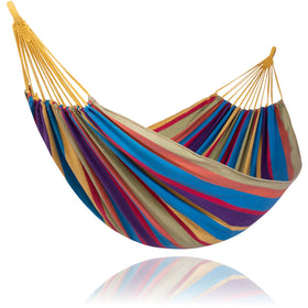 SUNCREAT outdoor double hammock with colorful stripes for relaxed backyard lounging.