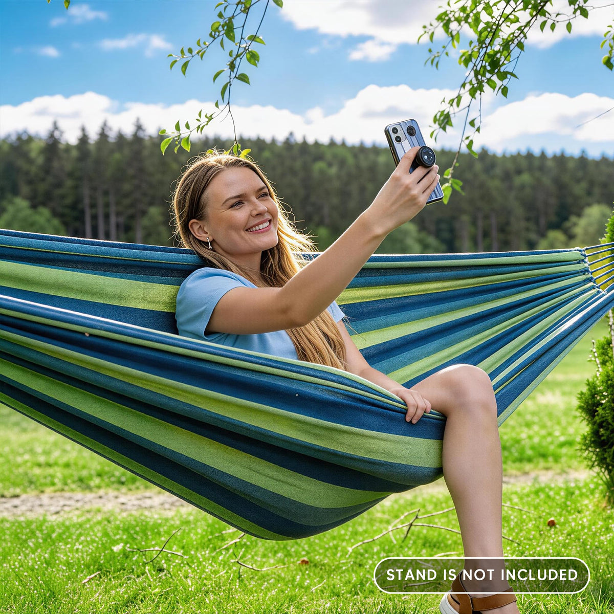 Suncreat hammock fabric close-up shows breathable poly-cotton texture.