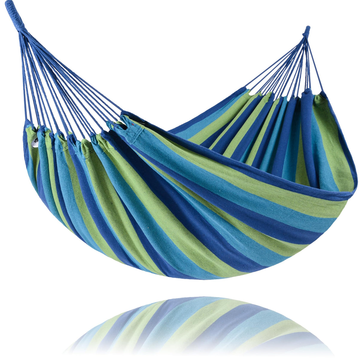 Suncreat portable tree hammock double blue stripe with outer bag for easy transport.