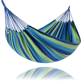 Suncreat portable tree hammock double blue stripe with outer bag for easy transport.