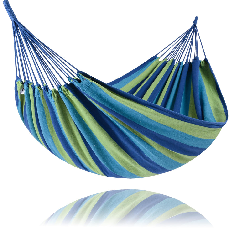 Suncreat portable tree hammock double blue stripe with outer bag for easy transport.