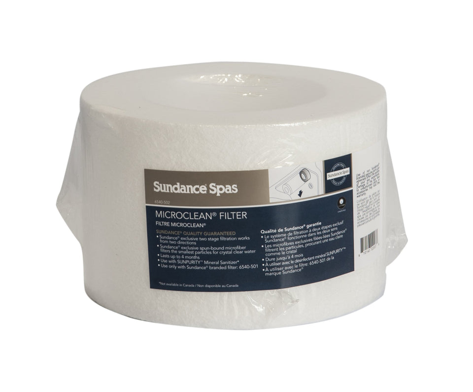 Closeup of Sundance Microclean I disposable filter with 8.5-inch diameter for easy spa maintenance.