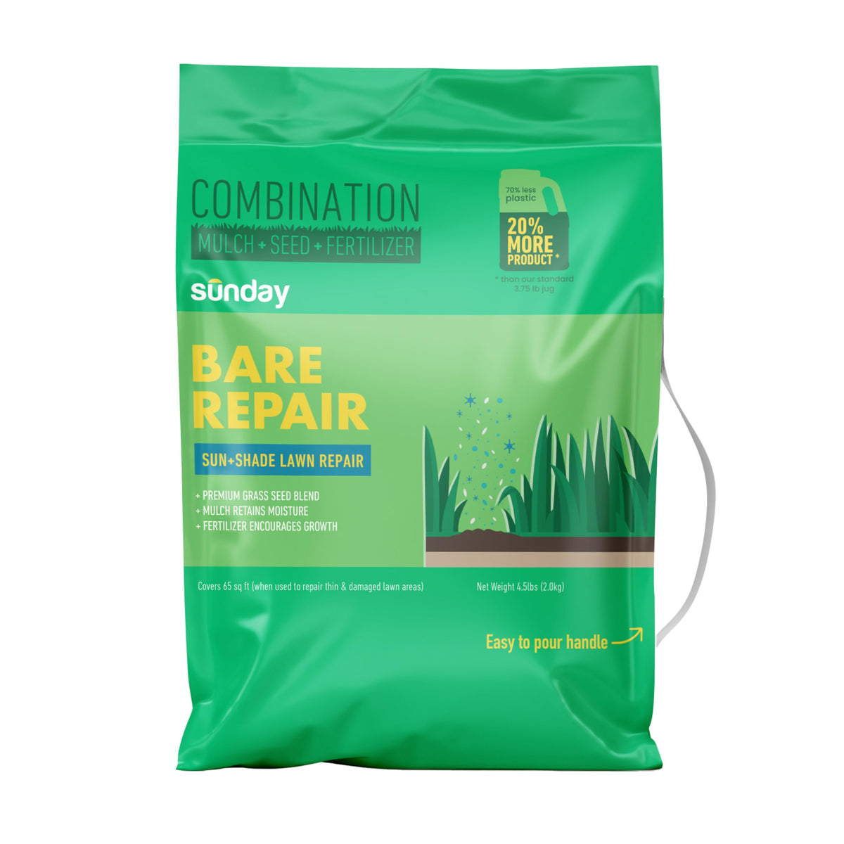 Sunday Bare Repair seed bag promotes quick germination for bare areas.